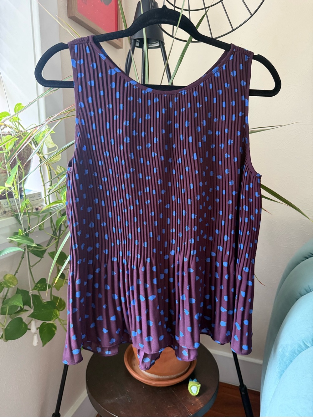 Banana Republic Purple Pleated Sleeveless Top with Blue Dot Print